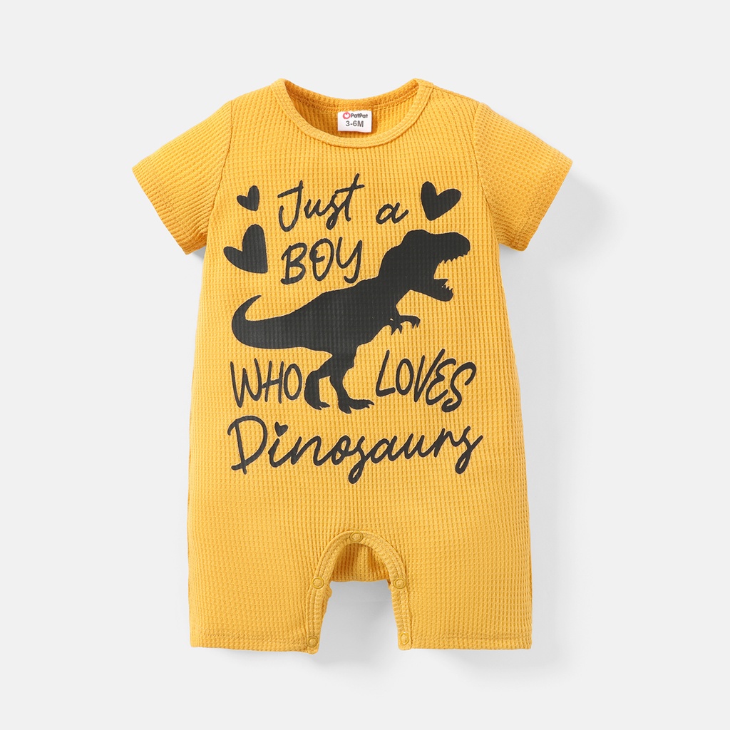 Baby Boy Dinosaur & Letter Print Waffle Textured Shortsleeve Romper