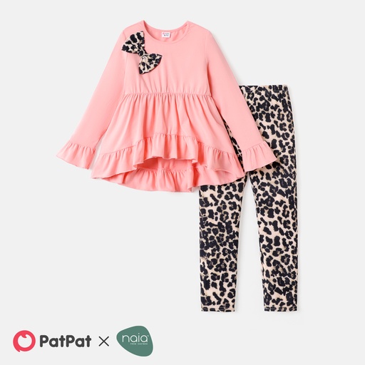 Naia 2pcs Kid Girl 3D Bowknot Design High Low Tee and Leopard Print Leggings Set(6nb30-20581560)