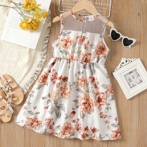 [SC8L4-20603947] Kid Girl Floral Print Mesh Panel Slip Dress