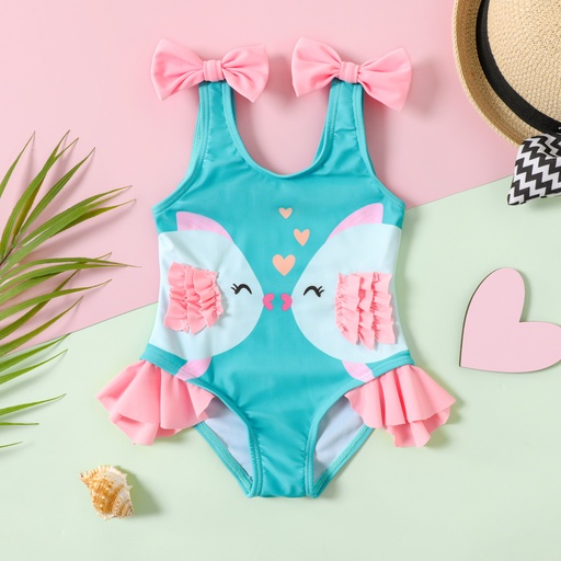 [SC8L4-20589810] Baby Girl Fish Print Bow Decor Ruffle Trim One-piece Swimsuit