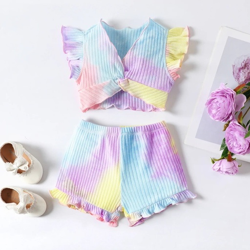 [SC8L4-20652858] 2pcs Baby Girl Tie Dye Twist Knot Front Flutter-sleeve Top and Ruffle Trim Shorts Set