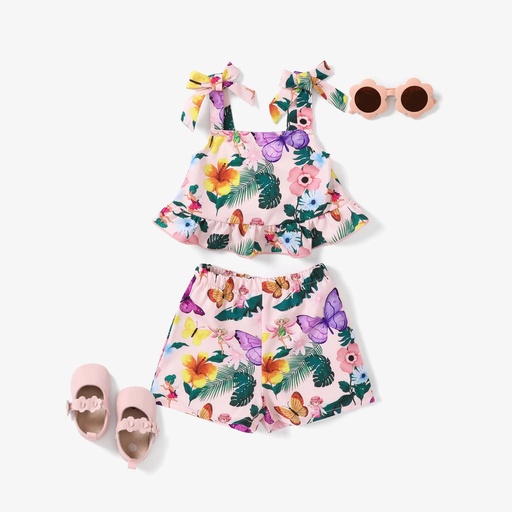 2pcs Baby Girl Sweet Butterfly Print Ruffled Cami Top and Shorts Set
