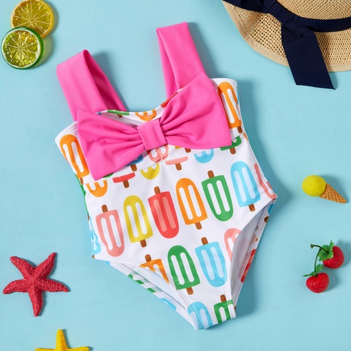 [SC8L4-20563999] Baby Girl Allover Colorful Popsicle Print Bow Front One-piece Swimsuit