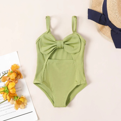 [SC8L4-20641600] Baby Girl Solid Bow Front Rib-knit One Piece Swimsuit