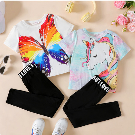 Patpat-2pcs Kid Girl Unicorn Print Tie Dyed/ Butterfly Print Short-sleeve Tee and Letter Print Black Leggings Set