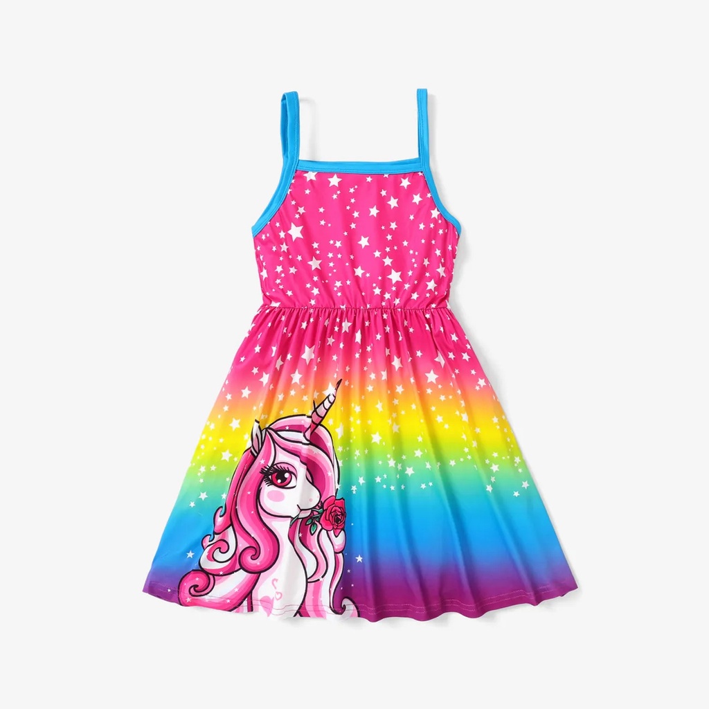 Patpat-Kid Girl Unicorn Star Print Colorblock Slip Dress-3nb14-20597166