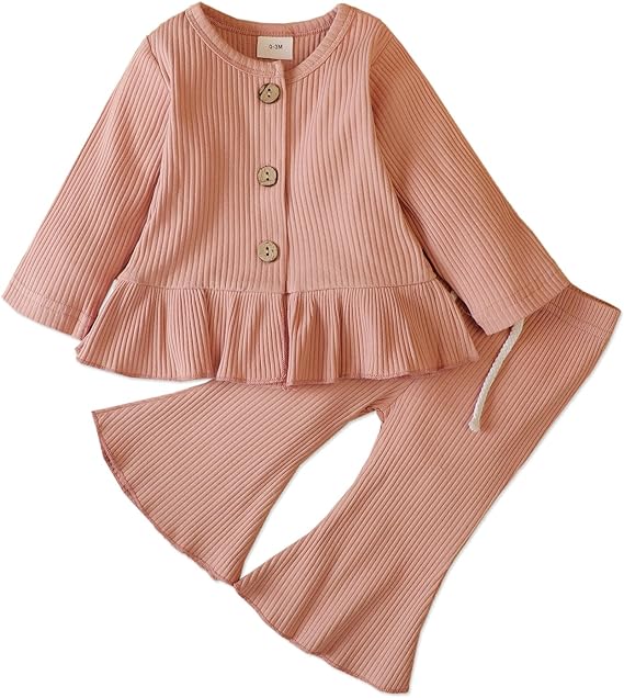2pcs Baby Solid Ruffle Long-sleeve Button Down Ribbed Cotton Top and Bell Bottom Pants Set(5nb23-19916104)