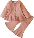 2pcs Baby Solid Ruffle Long-sleeve Button Down Ribbed Cotton Top and Bell Bottom Pants Set(5nb23-19916104)