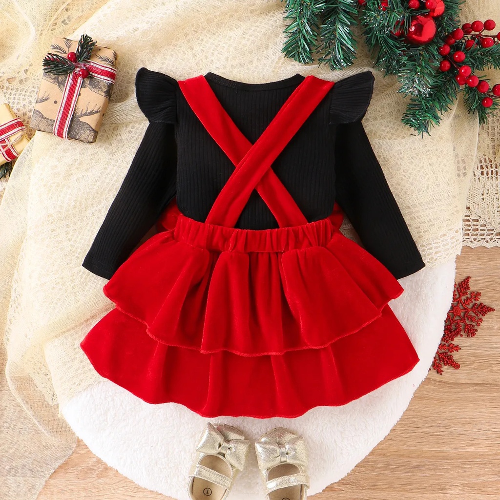 Christmas 2Pcs Baby Girl Solid color Hyper-Tactile Solid Color Long Sleeve Suit Dress 