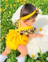 Patpat-(2nb1-20308027)2pcs Baby Girl Sunflower Floral Print Splice Yellow Layered Sleeveless Ruffle Romper with Headband Set