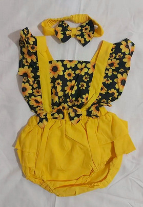 Patpat-(2nb1-20308027)2pcs Baby Girl Sunflower Floral Print Splice Yellow Layered Sleeveless Ruffle Romper with Headband Set