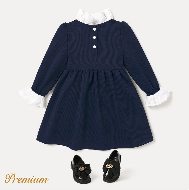 Medium Thickness Solid Color Long Sleeve Elegant Toddler Girl Dress with Stand Collar