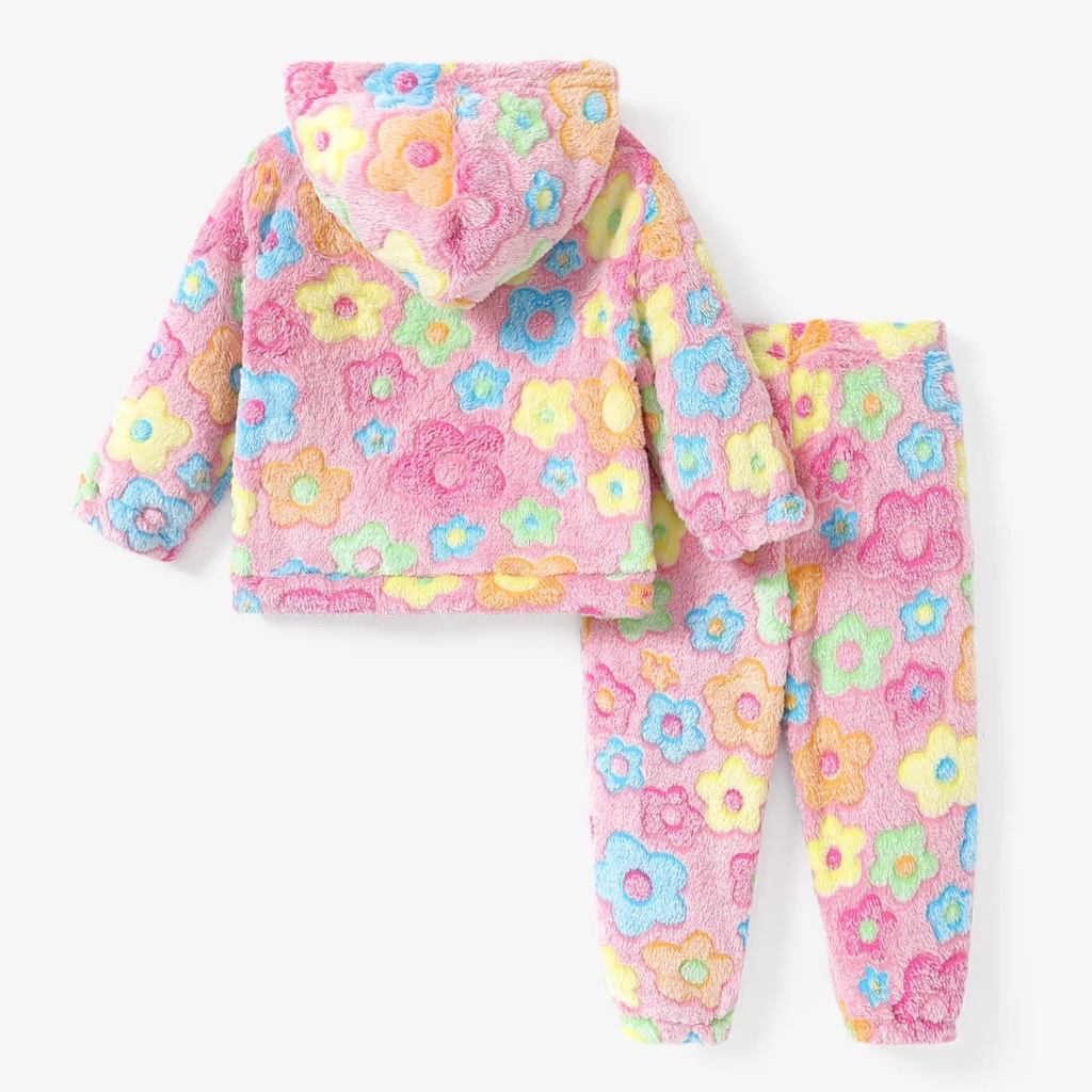 2pcs Toddler Girl Flowers Flannel Fuzzy Set with Hood