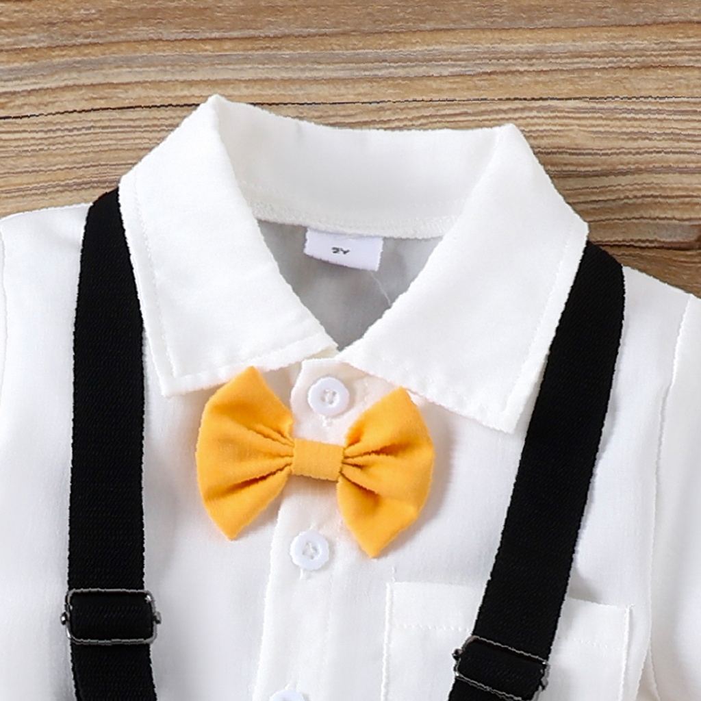 2pcs Toddler Boy Solid Bow Tie Shirt and Suspender Pants Set