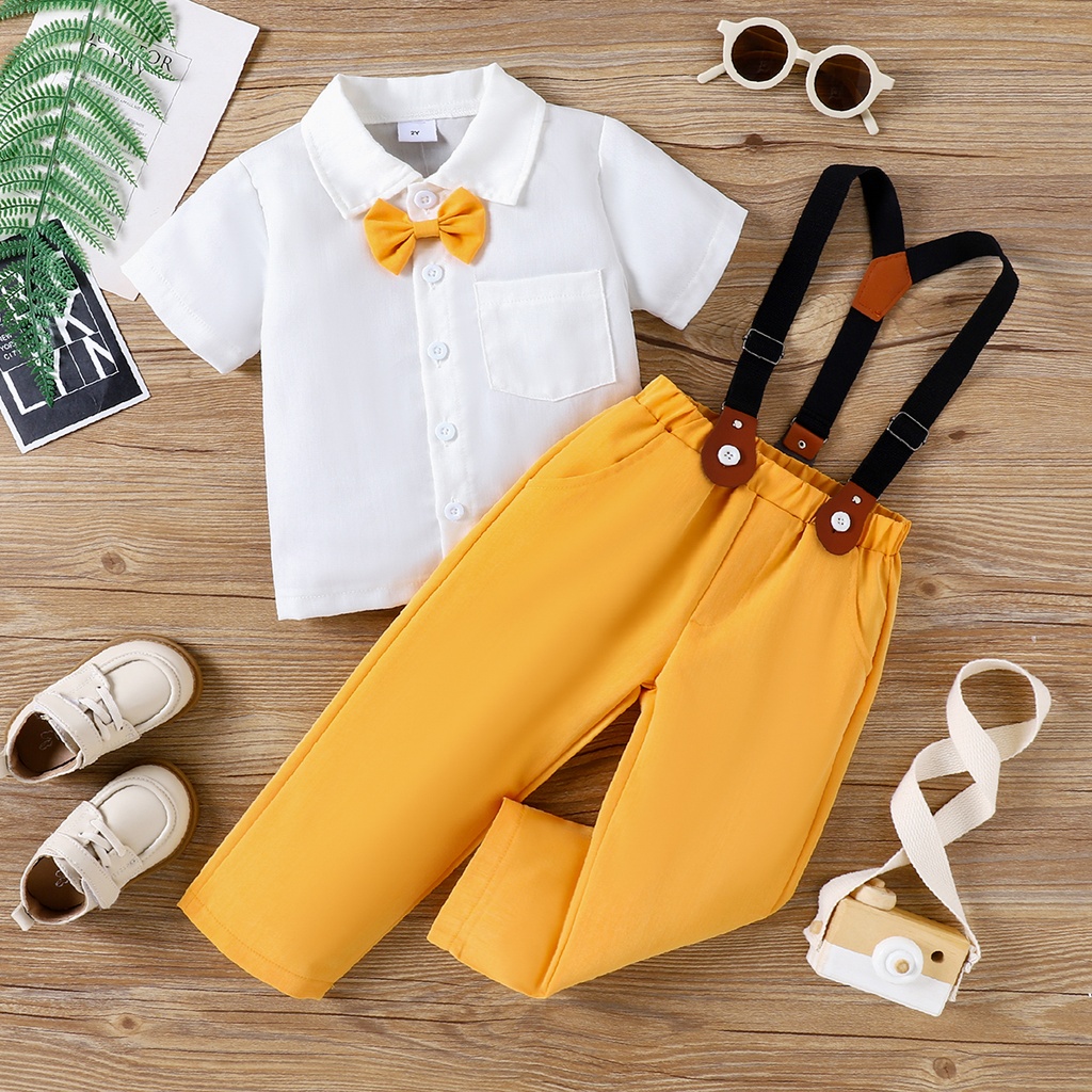 2pcs Toddler Boy Solid Bow Tie Shirt and Suspender Pants Set