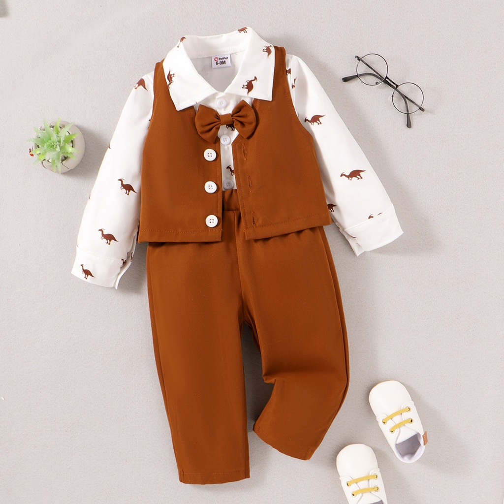 3pcs Baby/Toddler Boys Elegant Dinosaur Animal Lapel Occassion Gentleman Suit Sets