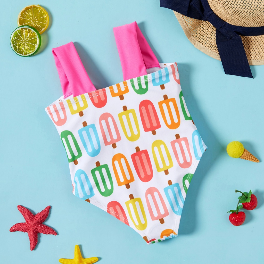 Baby Girl Allover Colorful Popsicle Print Bow Front One-piece Swimsuit
