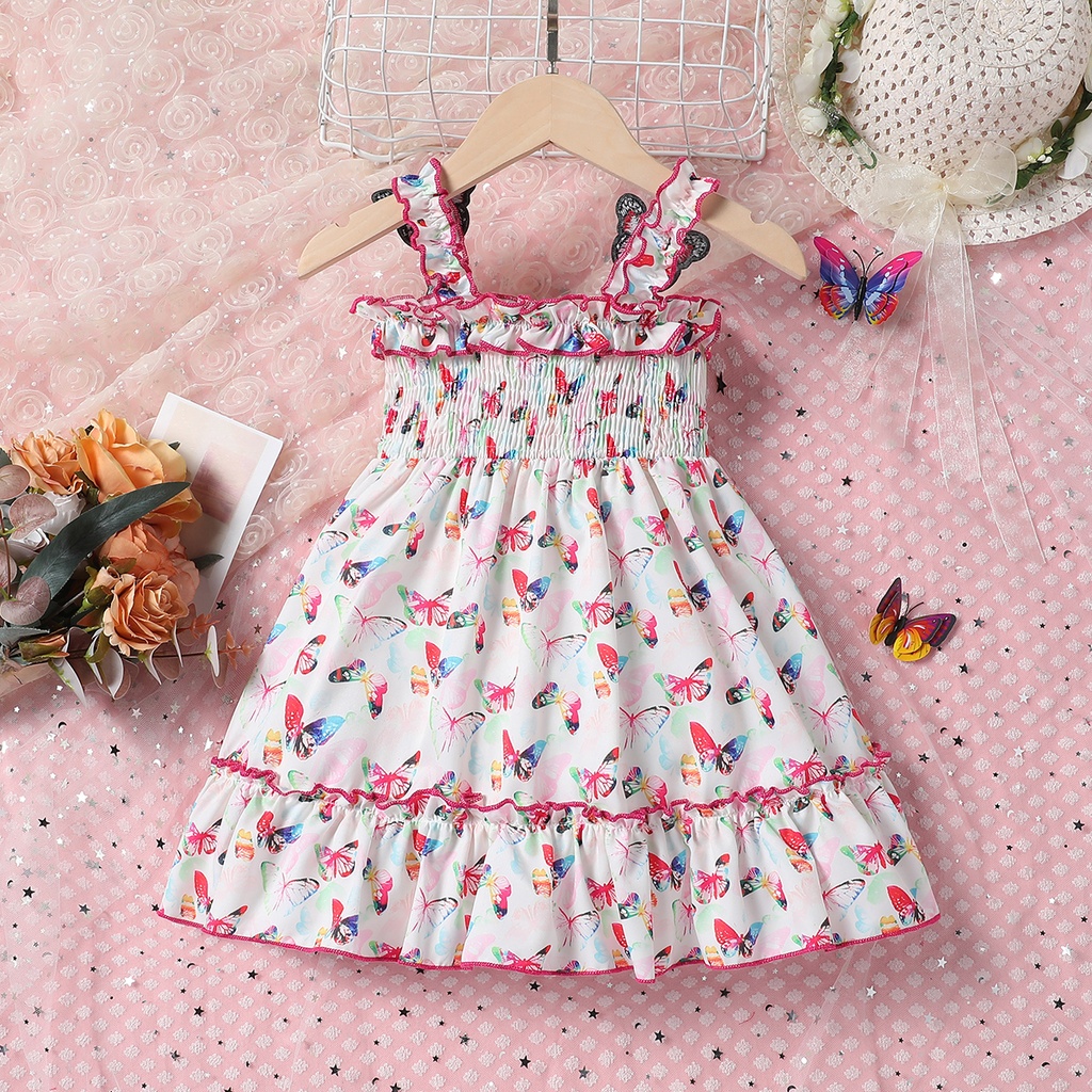 Toddler Girls Butterfly Smocking Sweet Animal Print Hanging Strap Dress