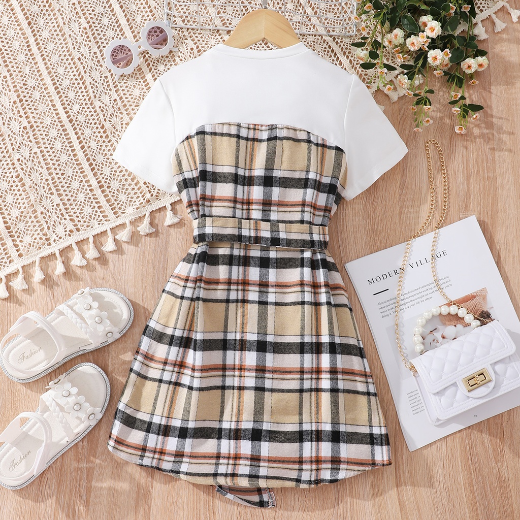 Kid Girl Plaid Splice Button Design Belted Irregular Hem Short-sleeve Dress