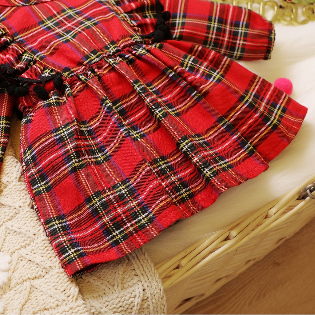 Baby 2pcs Red Plaid Ruffle Pom Poms Long-sleeve Dress Set
