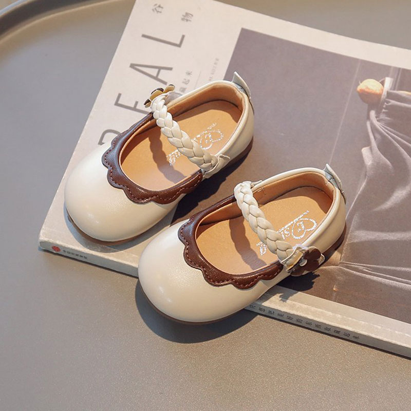 Toddler and Kids Girls' Classic Color-block Braids & Floral Pattern Velcro Leather Shoes