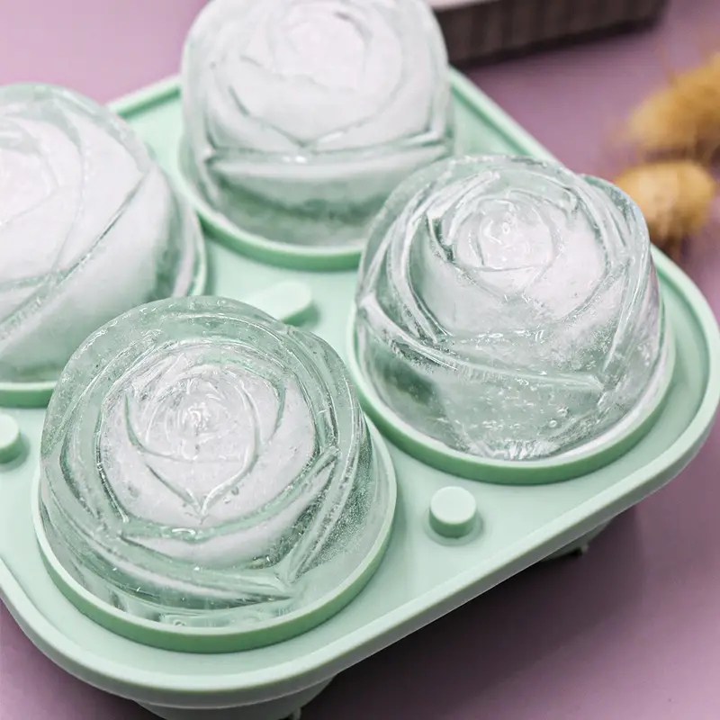 4 Giant Cute Flower Shape Ice 3D Rose Ice Molds with Large Ice Cube Trays