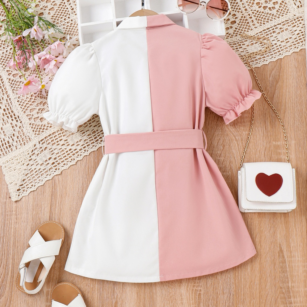 Kid Girl Two Tone Splice Ruffle Trim Short-sleeve Belted Shirt Dress