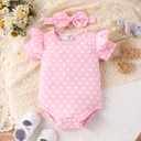 3pcs Baby Girl Polka Dot Pattern Romper and Denim Overall Dress with Headband