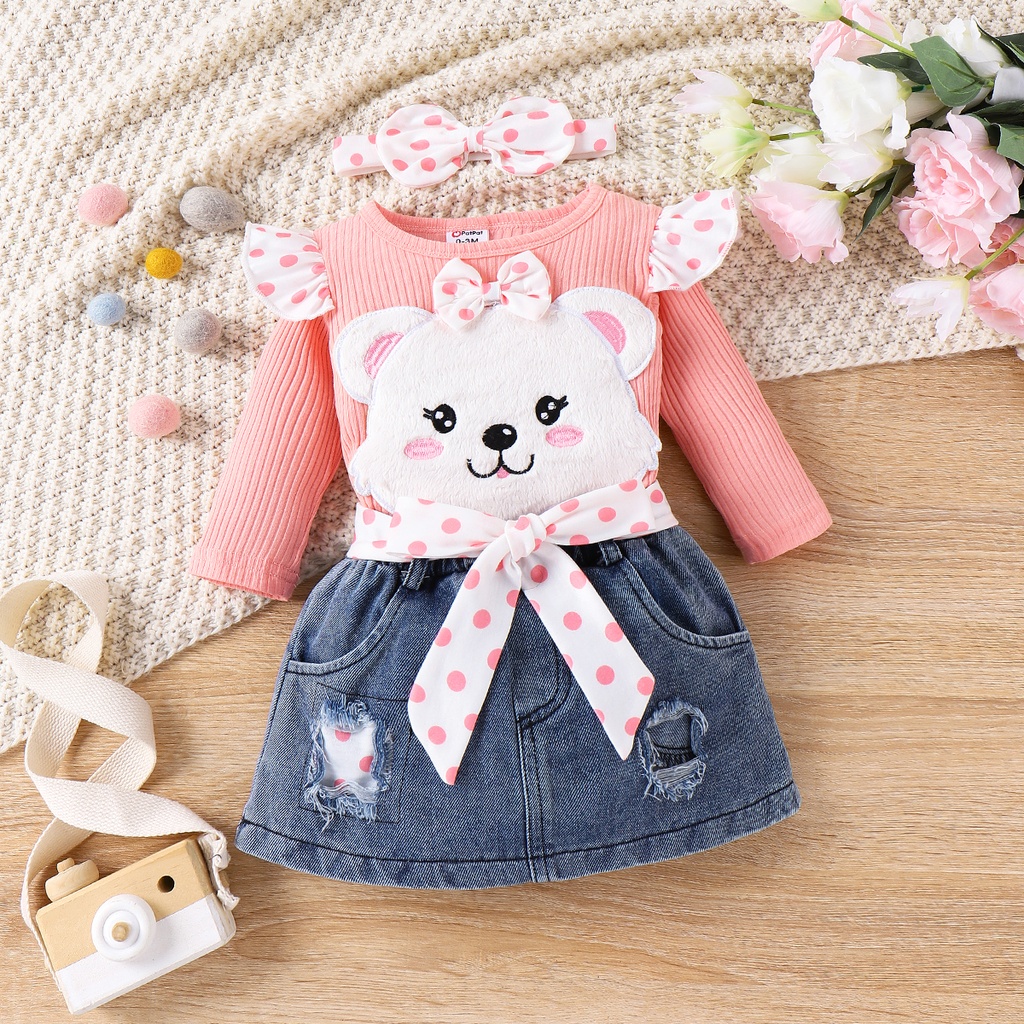 3pcs Baby Girl Sweet Bear Embroidery Romper and Denim Skirt Set