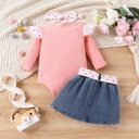 3pcs Baby Girl Sweet Bear Embroidery Romper and Denim Skirt Set