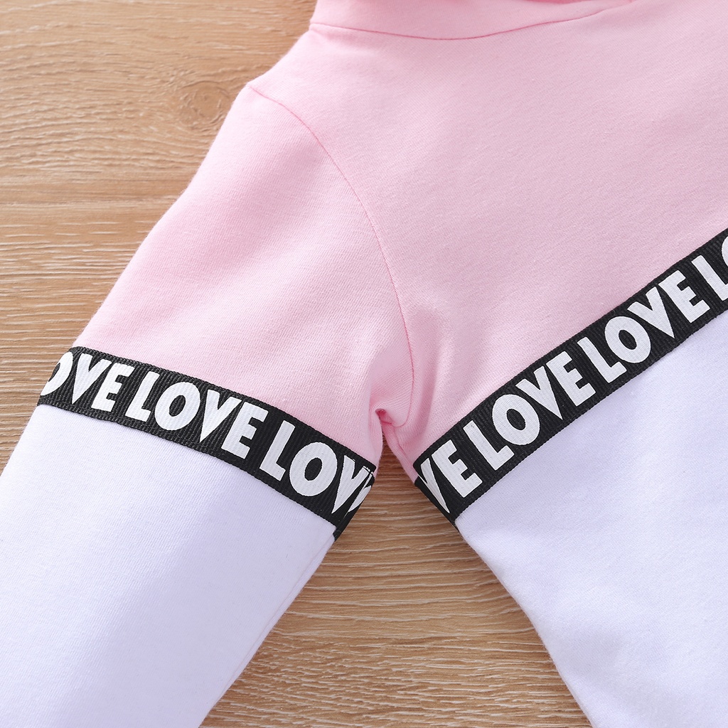 2pcs Letter Print Splice Color Block Hooded Long-sleeve Baby Set