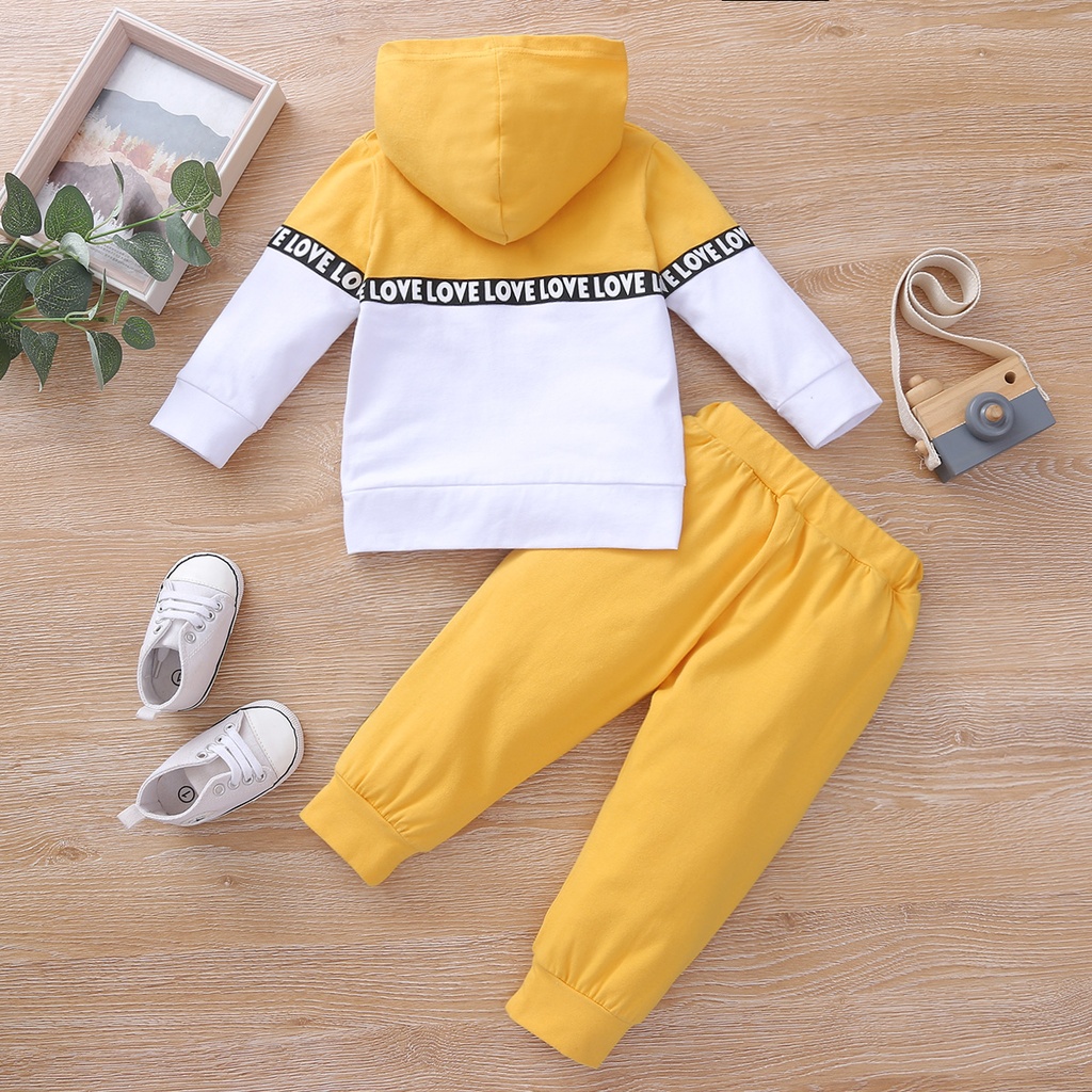 2pcs Letter Print Splice Color Block Hooded Long-sleeve Baby Set