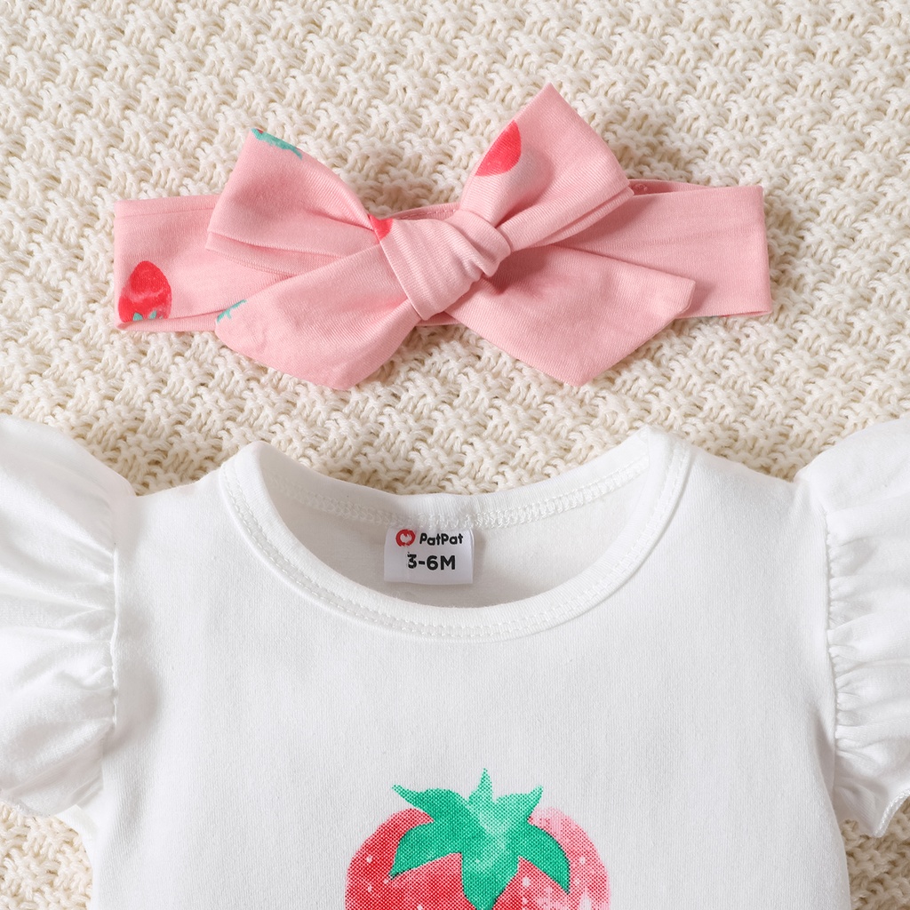 3pcs Baby Girl 95% Cotton Strawberry Pattern Ruffle Top and Shorts & Headband Set