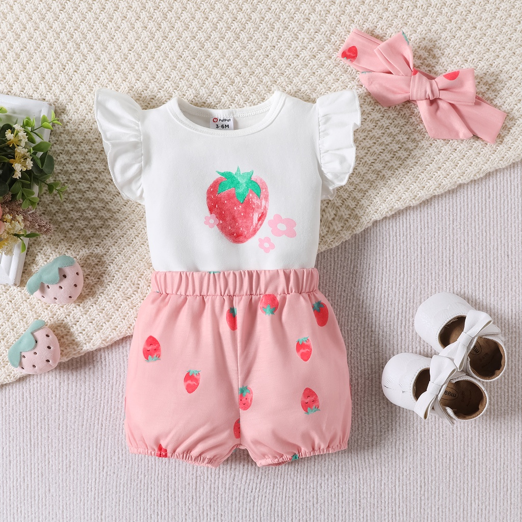 3pcs Baby Girl 95% Cotton Strawberry Pattern Ruffle Top and Shorts & Headband Set