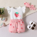 3pcs Baby Girl 95% Cotton Strawberry Pattern Ruffle Top and Shorts & Headband Set