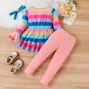 3pcs Toddler Girl's Rainbow Stripe Ruffle Edge Sleeve Shirt and Leggings Set with Headband