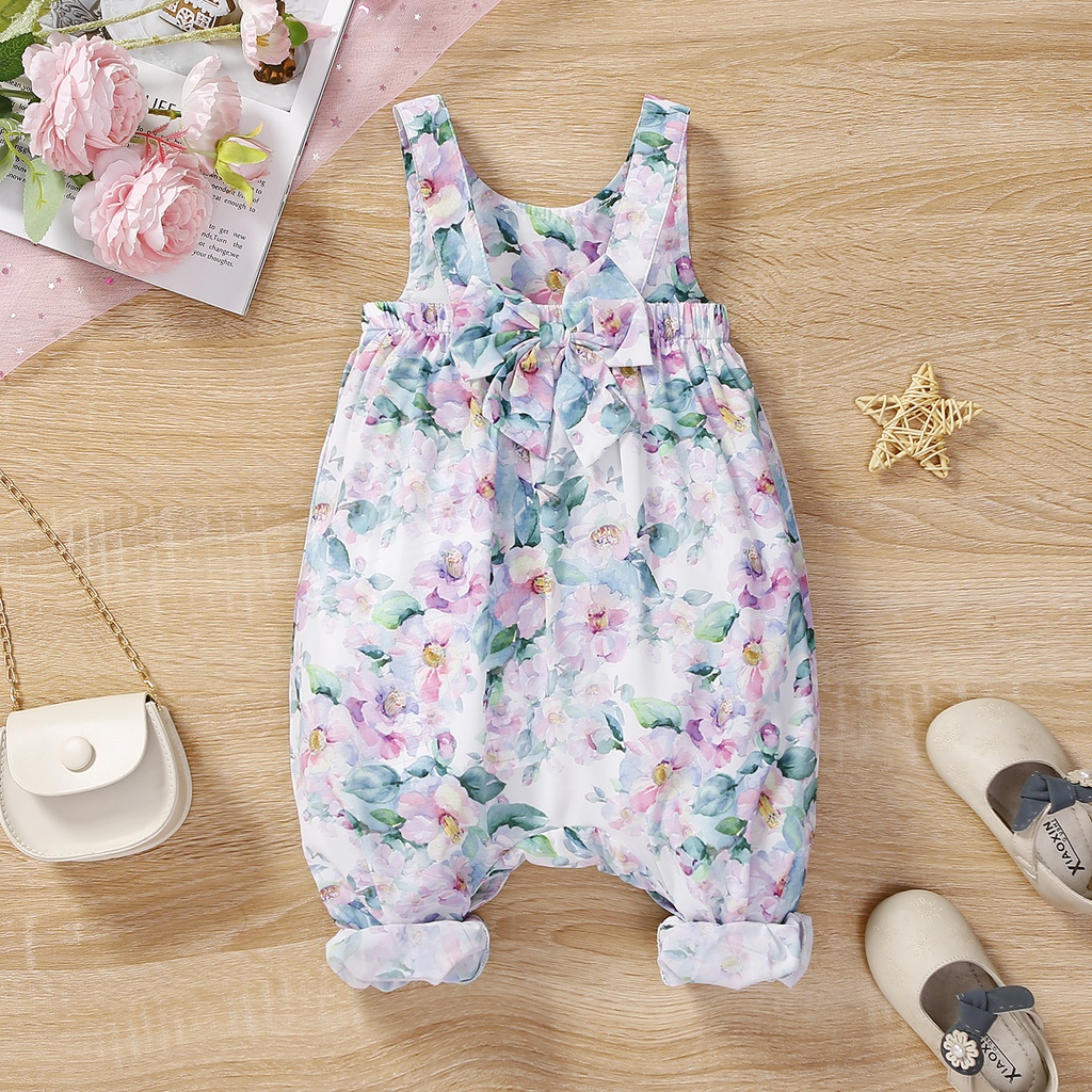 Baby Girl Allover Floral Print Bow Decor Strappy Jumpsuit