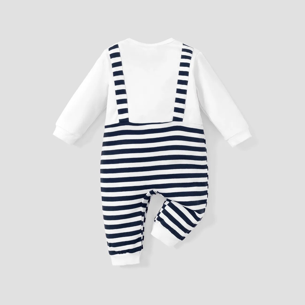 100% Cotton Stripe Print Long-sleeve Baby Navy White Jumpsuit