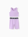 2pcs Kid Girl Solid Color Tank Top and Letter Print Shorts Sporty Set