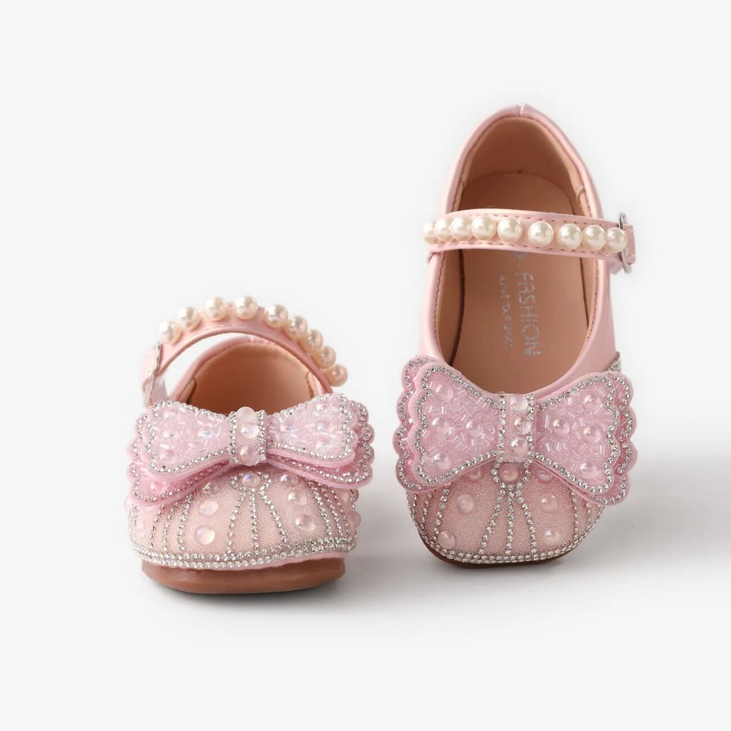 Toddler and Kids Girls Sweet Bow & Faux-pearl & Rhinestone Decor Velcro Leather Shoes