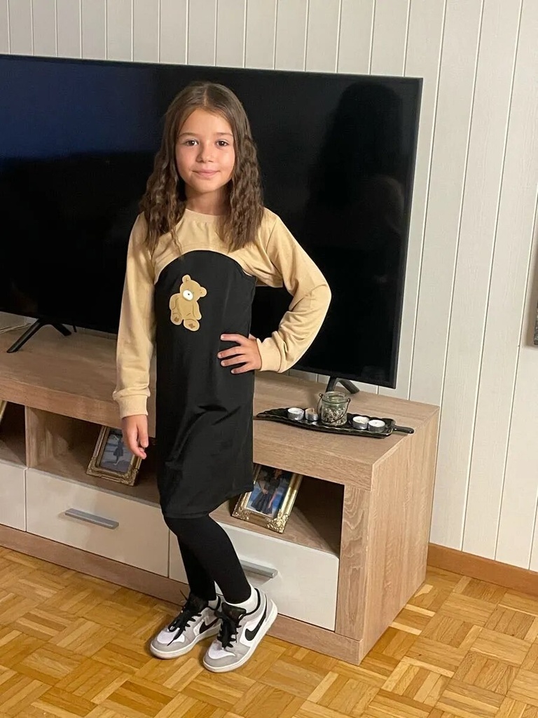 2pcs Kid Girl Long-sleeve High Low Top and Bear Print Slip Dress Set 