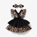 2pcs Baby Girl 95% Cotton Solid & Leopard Print Layered Ruffle Trim Sleeveless Romper and Headband Set