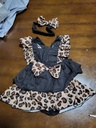 2pcs Baby Girl 95% Cotton Solid & Leopard Print Layered Ruffle Trim Sleeveless Romper and Headband Set