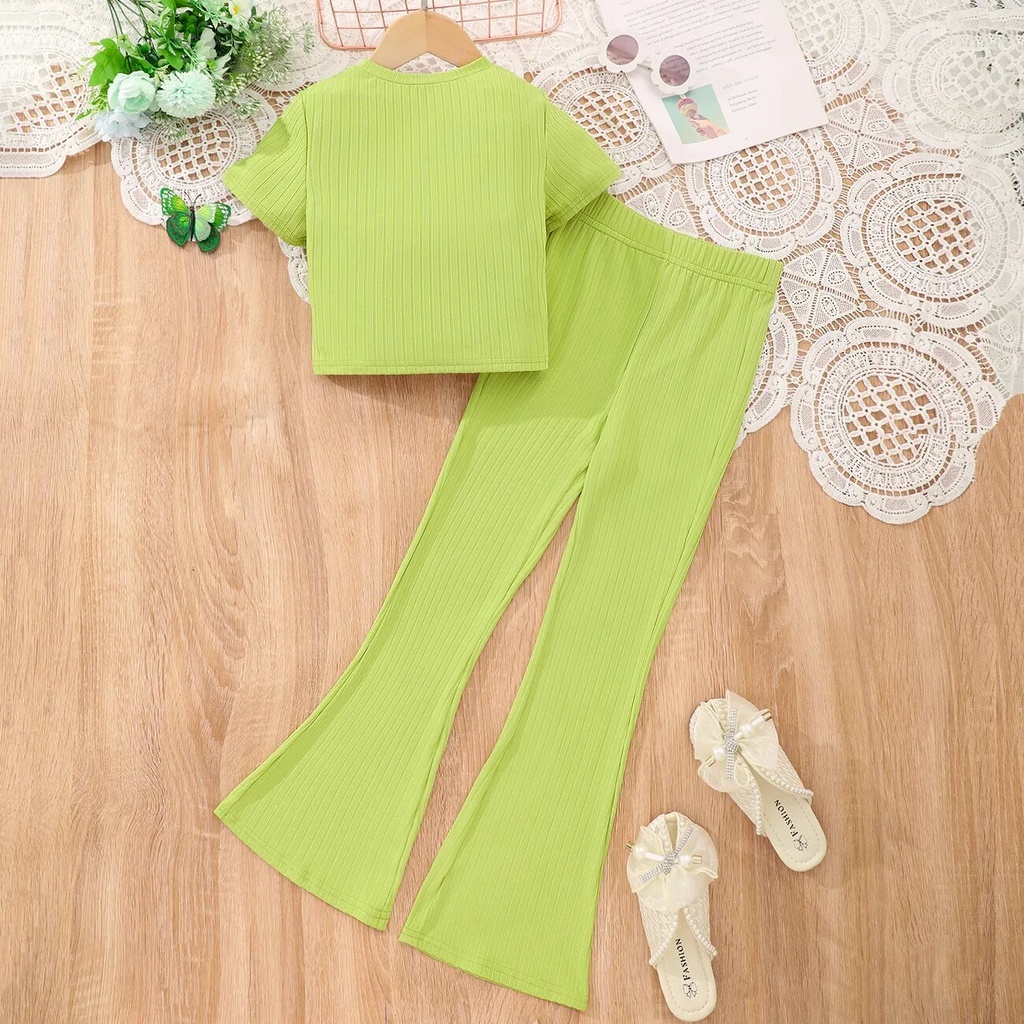  2pcs Kid Girl's Casual Solid Color T-short and Pants Set 