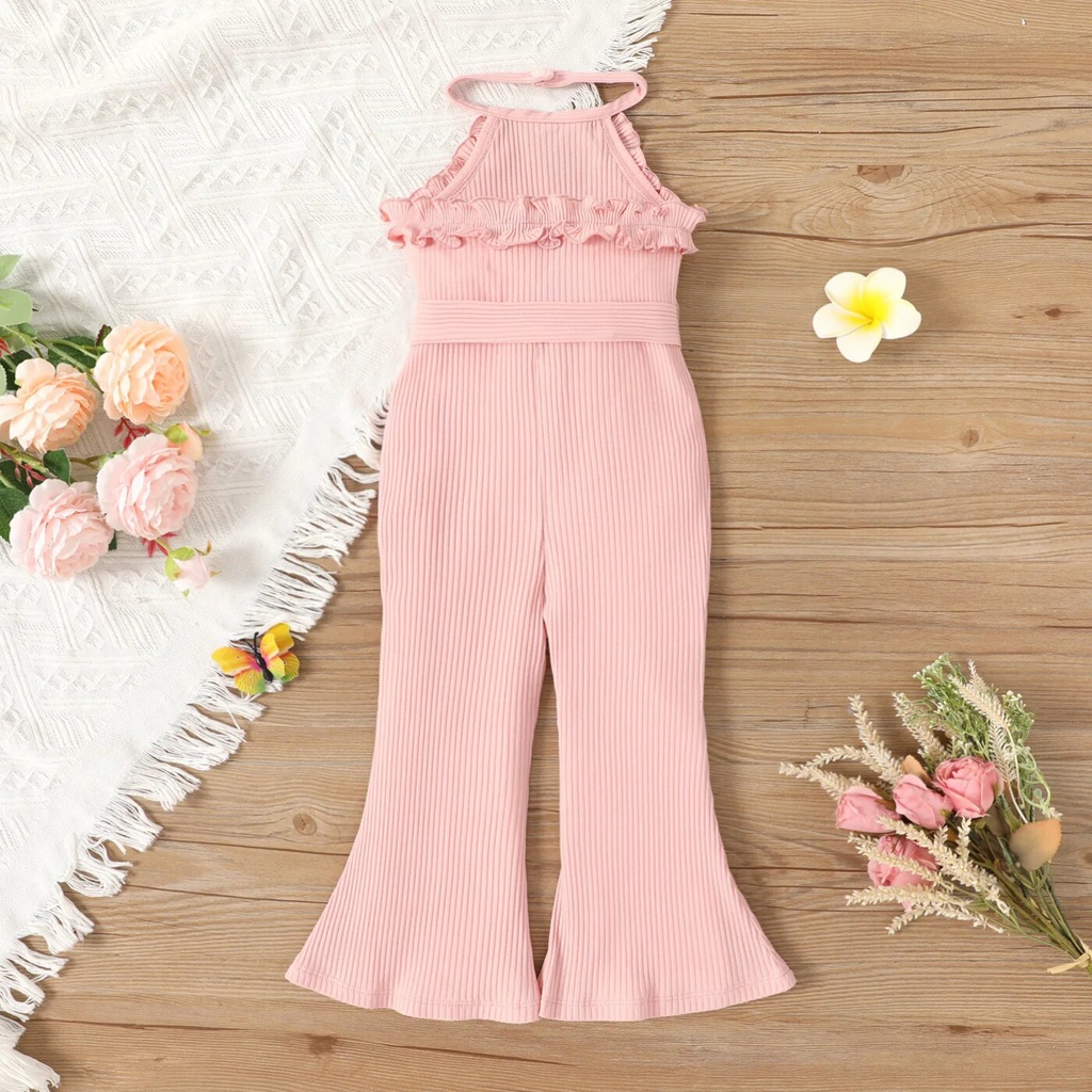 Toddler Girl Pink Ruffle Trim Belted Rib-knit Halterneck Jumpsuit