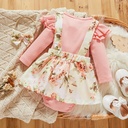 Patpat-(2nb1-19906914)2pcs Baby Girl 95% Cotton Ribbed Long-sleeve Faux-two Floral Print Romper with Headband Set