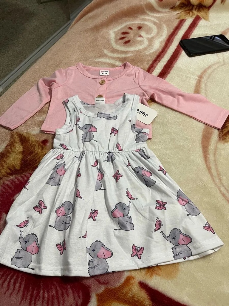 2pcs Baby Girl Pink Long-sleeve Cardigan with Cartoon Elephant and Butterfly Print Sleeveless Dress Set