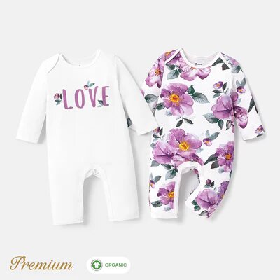 2pcs Long Sleeve Organic Cotton Baby Girl Jumpsuit Set with Big Floral Pattern