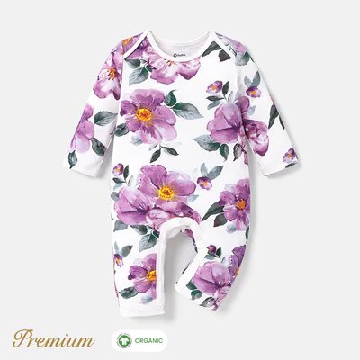 2pcs Long Sleeve Organic Cotton Baby Girl Jumpsuit Set with Big Floral Pattern