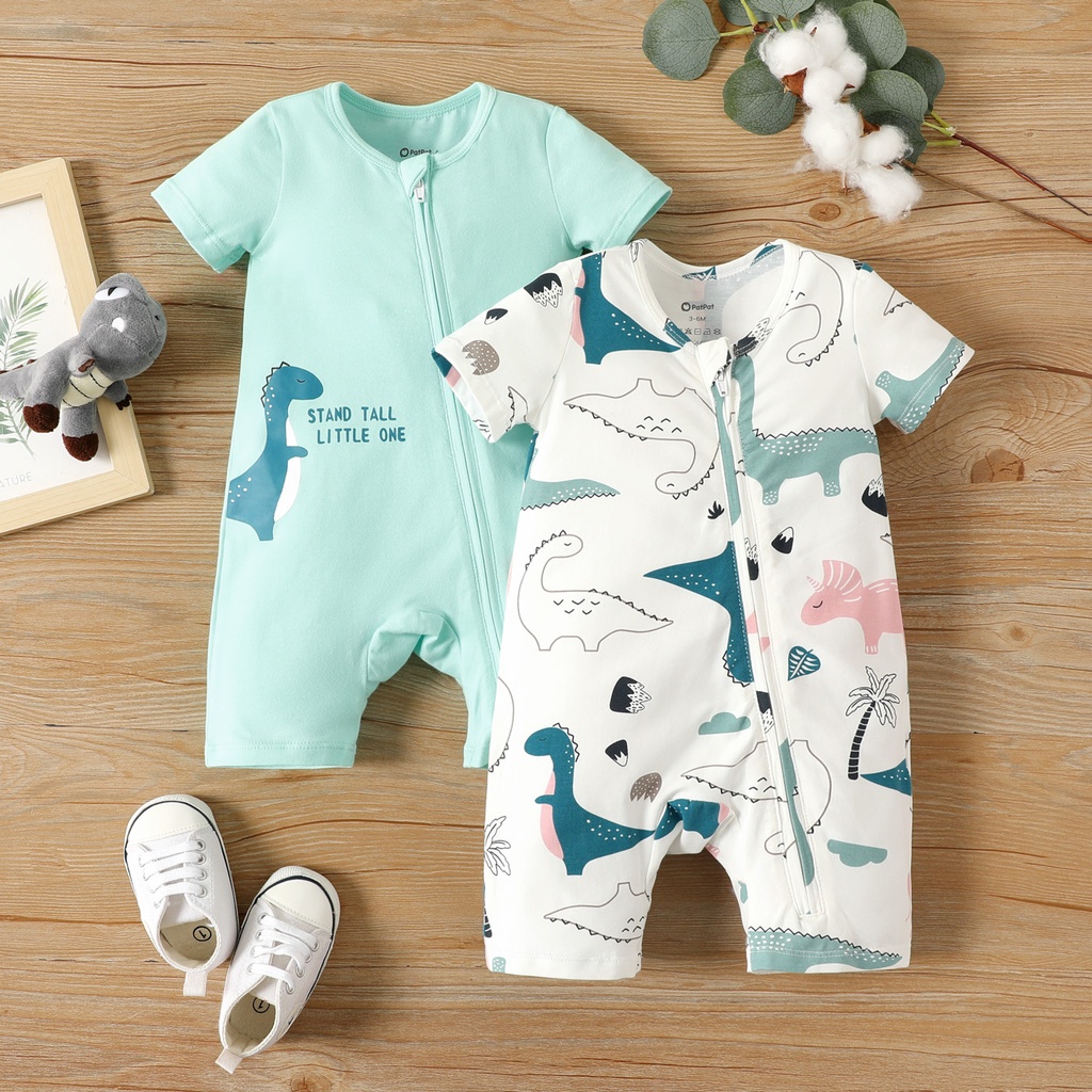 2-Pack Naia Baby Girl Cotton Elephant Print/Pink Zipper Design Short-sleeve Rompers